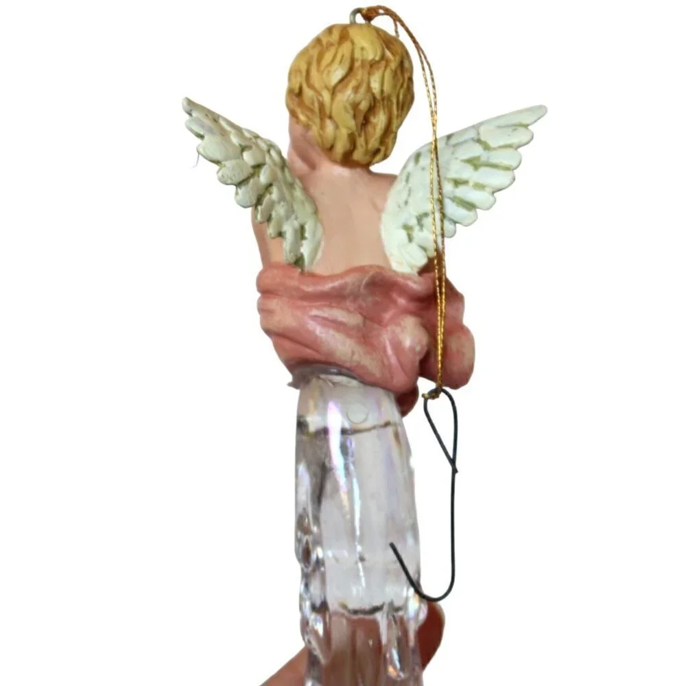Vintage Icicle Angel tree ornament hand painted putty cherub holiday decoration